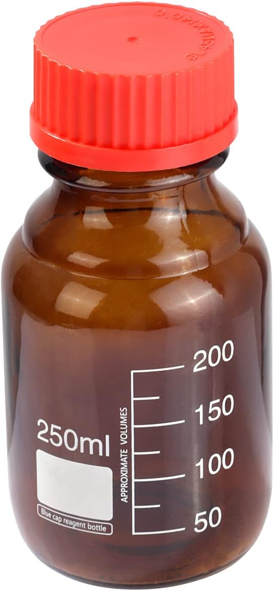 10 Pieces Amber Glass 250 mL Graduated Round Lab Reagent Media/Storage Bottle With GL45 Red Screw Cap
