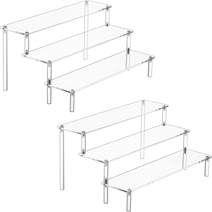2PCS Large Acrylic Display Risers, Perfume Stand Organizer, Clear Acrylic Shelf Risers for Display Stands for Food, Tabletop Use, Amiibo Funko POP Figure, 3 Tier Clear Cupcake Stand Risers