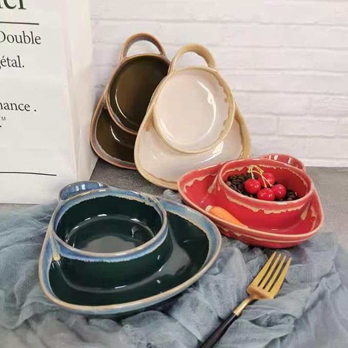 Soup and Side Bowl Plate Ceramic, Chip and Dip Divided Bowls, Anti-Soggy Cereal Bowl Bread Dipping Bowls Plates for Salad Breakfast, and Sandwich Ideal for Home and Restaurant (apricot)
