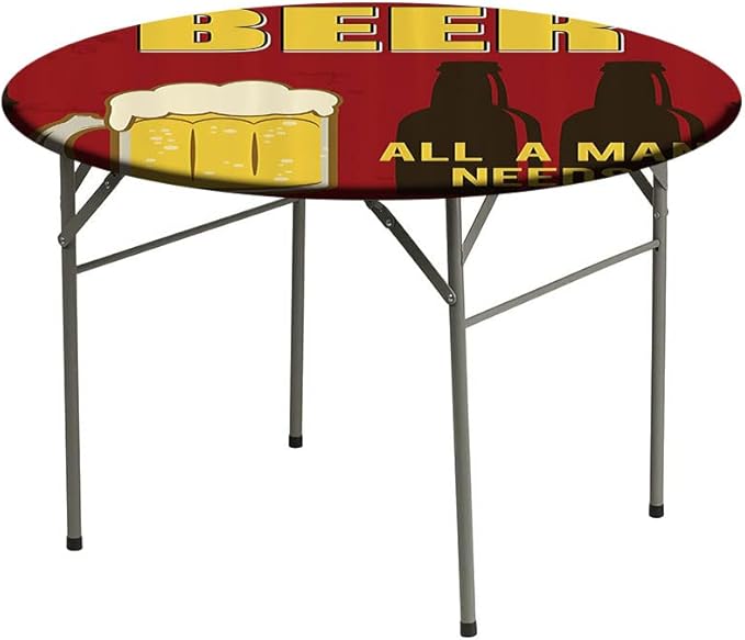 Round Vinyl Fitted Tablecloth, Manly Decor Print Polyester Table Cloth, Beer Mug and Two Bottles with Quotes Beer All, Fit Round Tables 35inch, Holiday Party Home Kitchen Dining Table Decoration