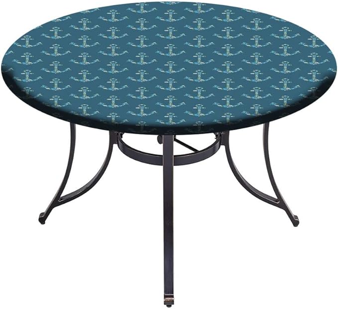 Round Vinyl Fitted Tablecloth, Nautical Print Polyester Table Cloth, Anchors Maritime Theme Decor, Fit Round Tables 23inch Diameter, for Holiday Dining Table/Dinner/Party, Petrol Blue Beige