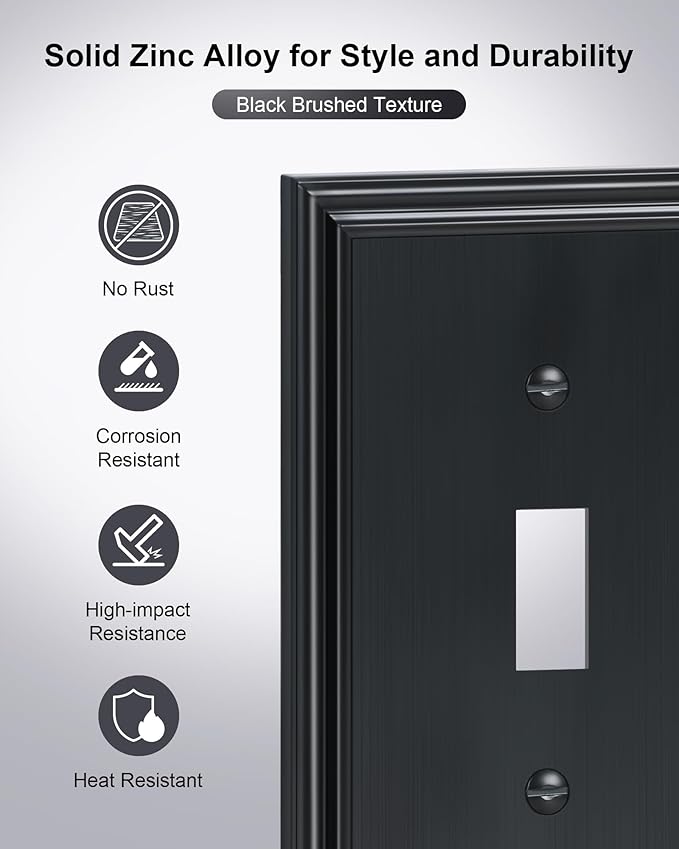 6-Pack Single Toggle Light Switch Cover Plate, Durable Solid Zinc Alloy Decorative Switch Plate Covers, Black 1 Gang Wall Plate, Corrosion Resistant