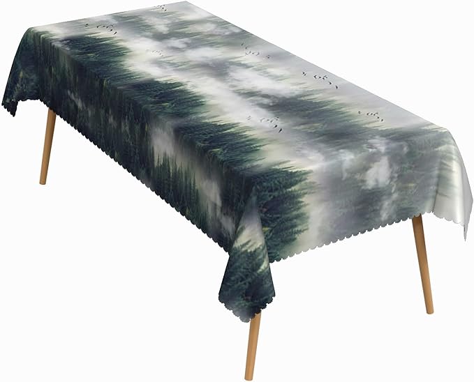 52x70 Inch Nature Rectangular Tablecloth Bird Fog Pine Tree Dreamland Table Cloth Waterproof Durable Table Cover for Holiday Picnic Outdoor BBQ Decor
