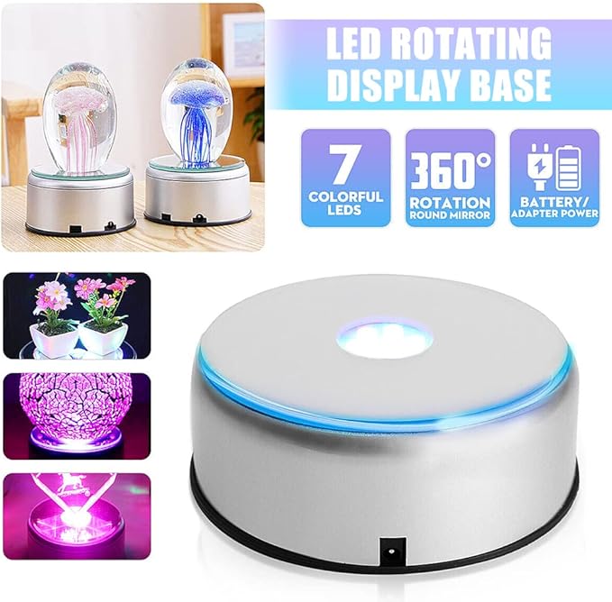 Watris Veiyi 4" LED Colorful Rotating Display Base, Light Rotating Crystal Display Base, Display Base Stand Turner for Crystals Glass Art and Cup