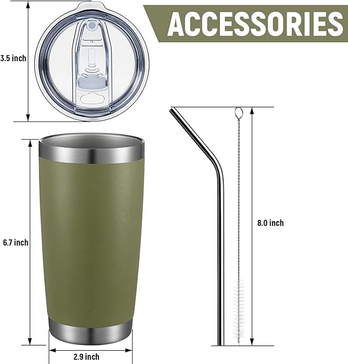 COMOOO 20oz Tumbler 8 Pack Double Wall Vacuum Insulated Travel Mug, Stainless Steel Tumbler with Lid and Straw Durable Powder Coated Insulated Coffee Cup for Cold & Hot Drinks,army green, 8 pack