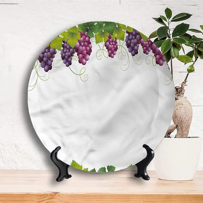 Decorative Plates, Vineyard Print Ornament, Leaves and Ripe Grapes, 6 Inch, 1 Plate with 1 Display Stand, Multicolor