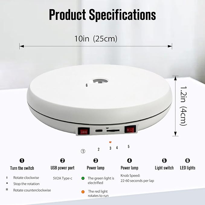 JAYEGT Motorized Rotating Display Stand with LED Light , 10 inch /55lbs Load, 360 Turntable Display Stand for Photography Products Shows, Jewelry, Watch (White / White LED Light/ Rechargeable )