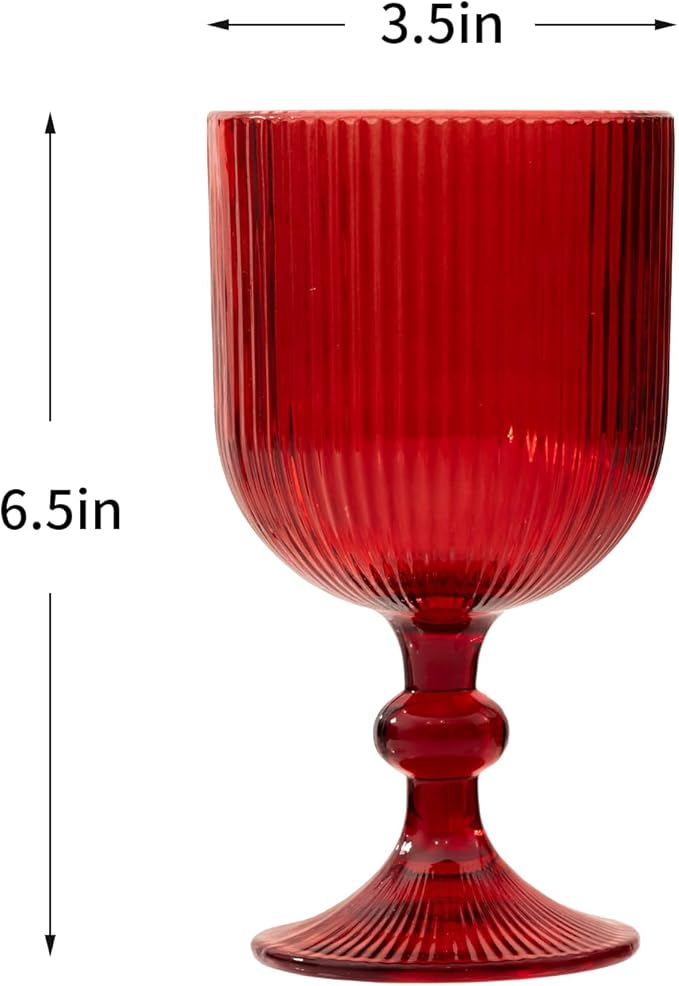 Red Vintage Wine Glasses Set of 6, 11 Ounces Colored Glass Water Goblets, Unique Embossed Pattern High Clear Stemmed Glassware Wedding Party Bar Glass Drinking Cups Fancy Glasses Hand Wash Only