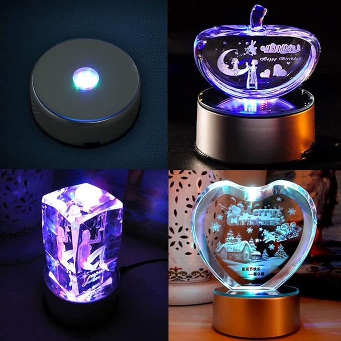 Watris Veiyi 4" LED Colorful Rotating Display Base, 2 PCS Light Rotating Crystal Display Base, Display Base Stand Turner for Crystals Glass Art and Cup (2)