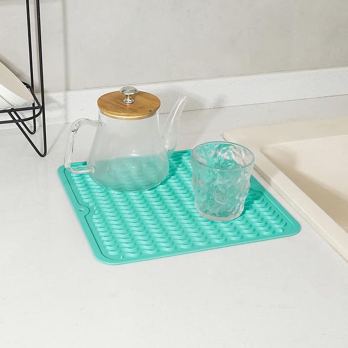 Silicone Dish Drying Mat for Multiple Usage,Easy clean,Eco-friendly,Heat-resistant Silicone Mat for Kitchen Counter or Sink,Refrigerator or Drawer liner Mint M 12 inches x 12 inches