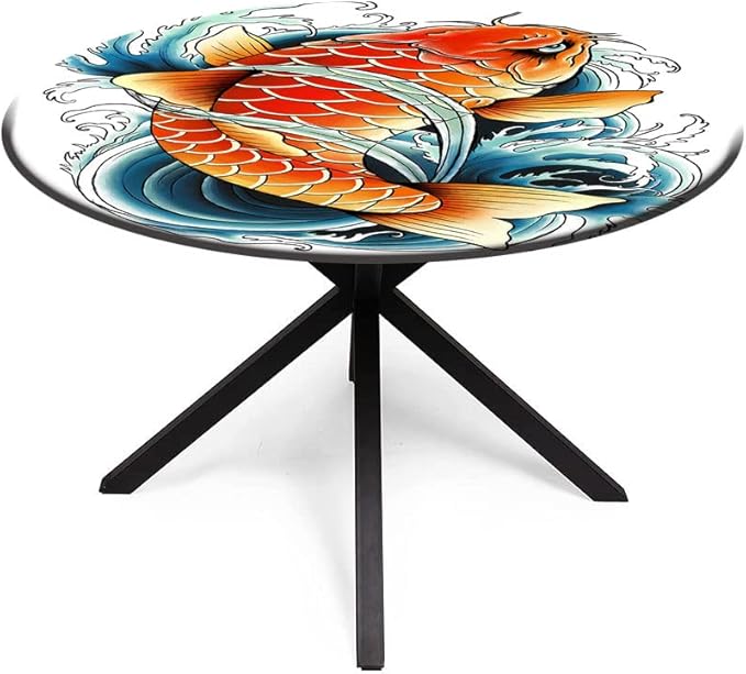 Round Edge Closing Tablecloth, Koi Fish Elastic Edged Tablecloth, Tattoo Style Japanese Wave, Fit Round Tables 39inch Diameter, for Restaurant Picnic Indoor and Outdoor Use, Multicolor