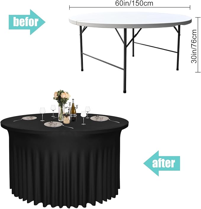 4 Pack Black Round Table Skirt, 60 Inch Diameter x 30 Inch Height, Stretch Polyester Spandex Tablecloth for 5ft Round Tables, Stain & Wrinkle Resistant for Wedding, Banquet Decor
