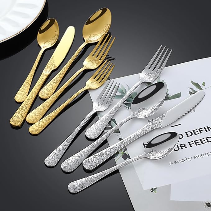 20-piece flowers Gold TWEE Silverware Set for 4, Palace Style Stainless Steel Flatware Cutlery Serving Utensils, Eating Tableware for Home Kitchen Hotel Restaurant, Mirror Polished