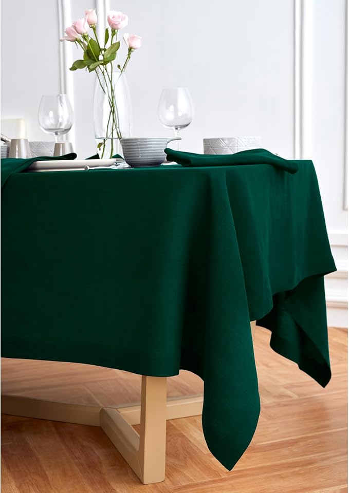 Solino Home Green Linen Tablecloth 70 x 132 Inch - 100% Pure Linen Table Cloth for Rectangle Tables - Sonoma, Machine Washable Tablecloth for Winter, St Patricks Day