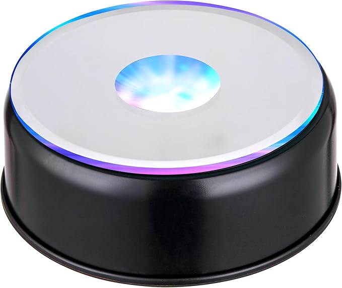 EUSTUMA Rotating LED Display Base Colorful Light Crystal Display Base Stand,Lighted Up Stand Color Changing Small LED for 3D Glass Crystal Art,Holiday Party Decoration. (B-Black-Multicolor)