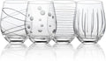 Set of 4 Crystal Stemless Wine Glasses with Etched Dots and Stripes Pattern, 17.5oz Elegant Glassware for Red Wine, Perfect for Weddings, Anniversaries, and Parties (Etched)