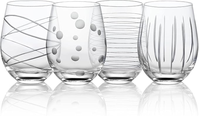 Set of 4 Crystal Stemless Wine Glasses with Etched Dots and Stripes Pattern, 17.5oz Elegant Glassware for Red Wine, Perfect for Weddings, Anniversaries, and Parties (Etched)