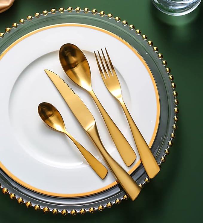 24 Piece Gold Silverware Set for 6,Modern Unique 18/10 Stainless Steel Flatware Cutlery Set, Eating Tableware Set,Vintage Luxury Style Cutlery Set for Home Restaurant Wedding Party