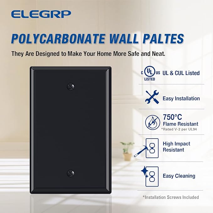 ELEGRP 1-Gang Blank Device Wall Plates, Mid-Size 4.88" H x 3.13" L Unbreakable Thermoplastic Blank Faceplate Cover for Unused Outlets/Switches, UL Listed (5 Pack, Glossy Black)
