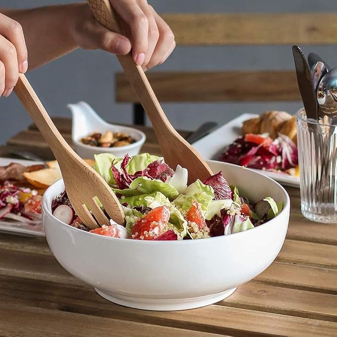 DOWAN Serving Bowls, 9.5" Large Salad Bowls for Entertaining, Side Dishes, Pho, Pasta, Centerpiece Bowls for Dinner Parties, Kitchen Decor, Microwave & Dishwasher Safe, White
