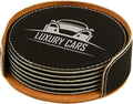 Custom Engraved Coasters | Personalized Leather Coaster | Set of 6 | Drink Coasters with Holder | Laser Engraved | Tabletop Protection | Gift for Couples (Round 4", Black w/Silver)