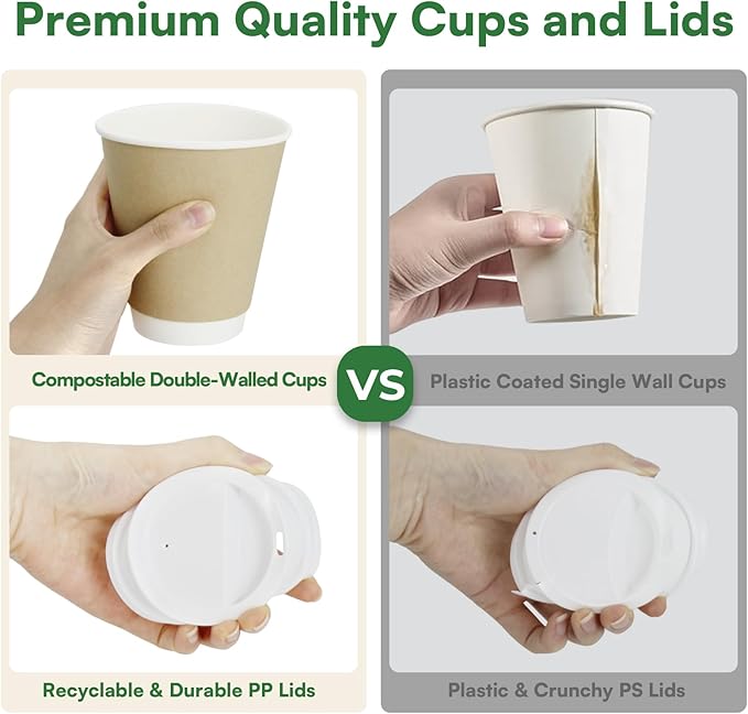Disposable Coffee Cups with Lids 16 oz To Go Hot Cups,100 Pack Insulated Compostable Paper Cups with Lids, PLA Coated Natural Kraft Double Wall Disposable Cups for Everyday Home Togo Office Coffee Bar