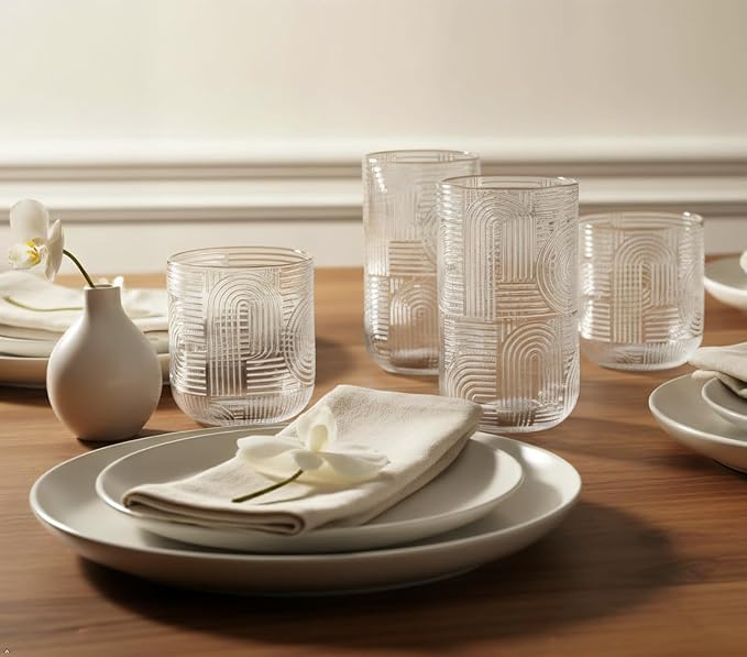 Glaver's Urban 8-Piece Premium Textured Glassware Set. 4 Highball 17oz Drinking Glasses and 4 DOF 13.2 oz Whiskey Glass Tumblers – Elegant Ribbed Arch Textured Design for Water, Juice, Cocktails.