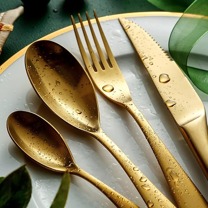 24 Piece Gold Silverware Set for 6,Modern Unique 18/10 Stainless Steel Flatware Cutlery Set, Eating Tableware Set,Vintage Luxury Style Cutlery Set for Home Restaurant Wedding Party