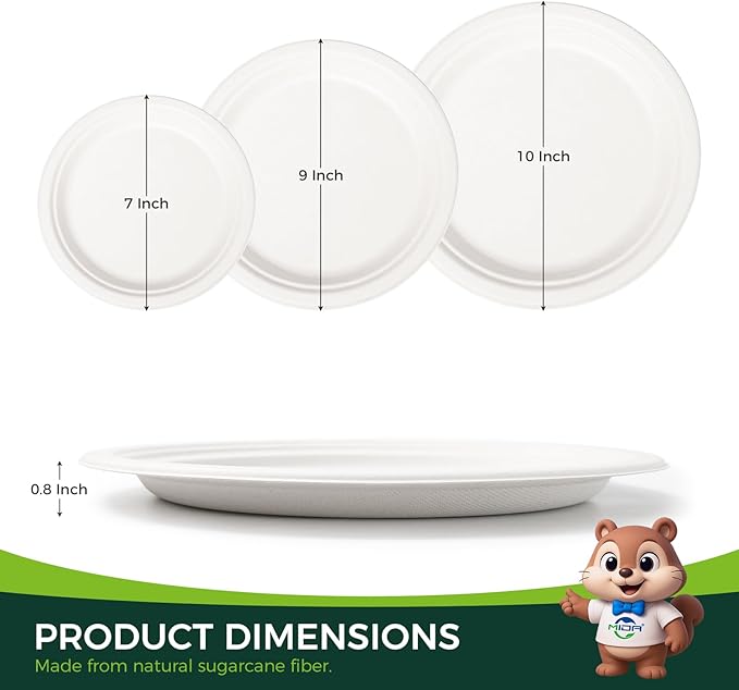 100% Compostable 9 inch Paper Plates, [125-Pack] Disposable Party Plates, (BPI Certified)-Heavy Duty, Eco-Friendly Dinner Paper Plates, Biodegradable Sugarcane Plates, white