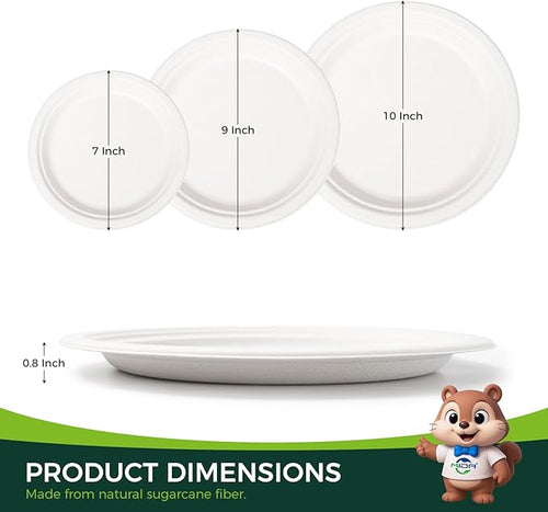 100% Compostable 9 inch Paper Plates, [125-Pack] Disposable Party Plates, (BPI Certified)-Heavy Duty, Eco-Friendly Dinner Paper Plates, Biodegradable Sugarcane Plates, white