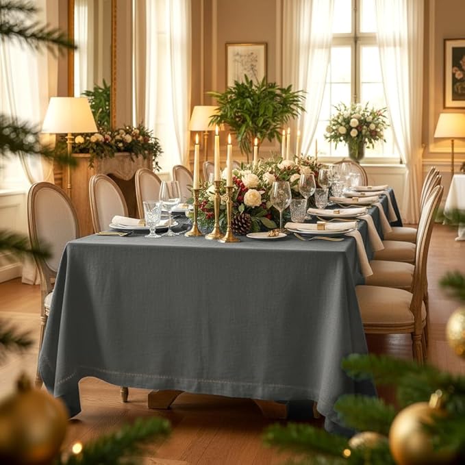 D'Moksha Homes Charcoal Grey Linen Tablecloth for Rectangle Tables 60 x 144 Inch - 100% Pure Linen Grey Table Cloth - Classic Hemstitch, Machine Washable Dining Tablecloth for Spring, Easter