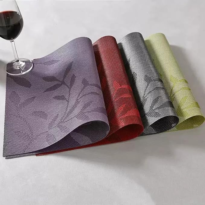 Leaf Placemats Set of 8 Non-Slip Heat-Resistant Vinyl Washable Place Mats for Kitchen Table Indoor Outdoor Durable (18"x12", Green)