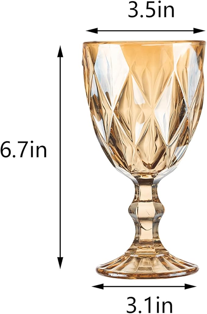 24 Pcs Vintage Wine Glasses, 10 Ounce Colored Glass Water Goblets, Unique Embossed Pattern High Clear Stemmed Glassware Wedding Party Bar Glass Drinking Cups Fancy Wine Glasses Amber Set of 24