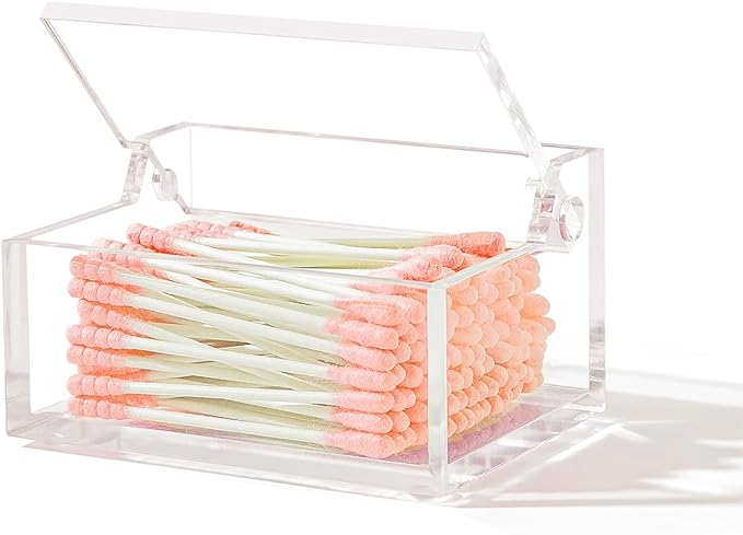 Clear Acrylic Qtip Holder with Lid, Cotton Balls Swab Organizer, 3.9" x 2.8" x 2" Dispenser for Makeup Pad, Floss Picks, Bath Salts, Cosmetic Storage Case, Home Bathroom Decor (DP051)
