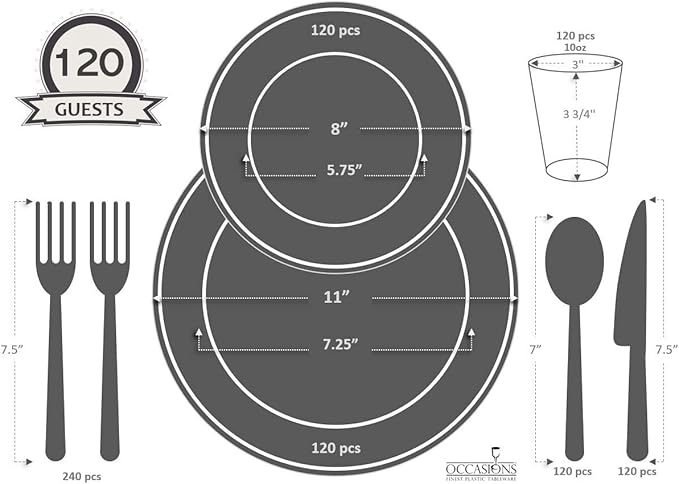 " OCCASIONS " 960pcs set (120 Guests) Extra Heavyweight Vintage Wedding Disposable/Reusable Plastic Plates -120x11'' +120x8.25''+Silverware+Cups+Napkins (Chateau Collection Blue)