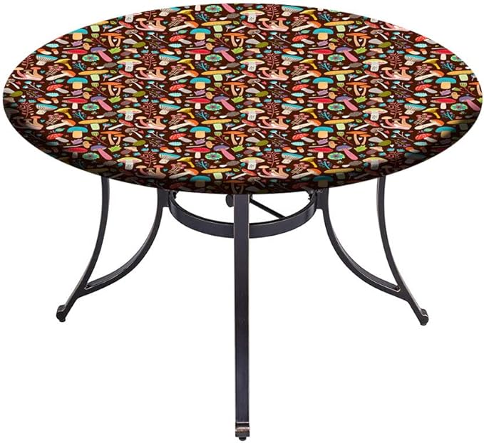 Round Vinyl Fitted Tablecloth, Mushrooms Print Polyester Table Cloth, Attractive Various Cartoon Leaves and Mushrooms Graphic, Fit Round Tables 23inch Diameter, for Wedding Party Dining Banquet Use