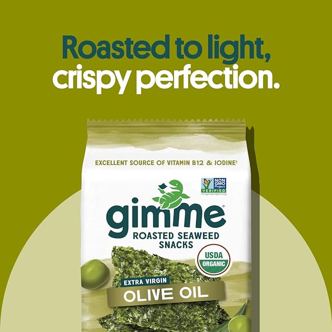 Gimme Seaweed Organic Premium Roasted Seaweed Snacks, Extra Virgin Olive Oil, 20 Count, Keto, Vegan, Gluten-Free, Great Source of Omega3s and Iodine, Healthy On-The-Go Snack for Kids and Adults