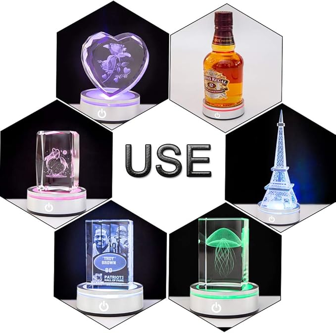 IFOLAINA LED Light Base Lighted Display Stand for Crystal 3D Photo Glass Art Tumbler RGB Multicolor Lighting Round Pedestal USB Battery Operated - Flat