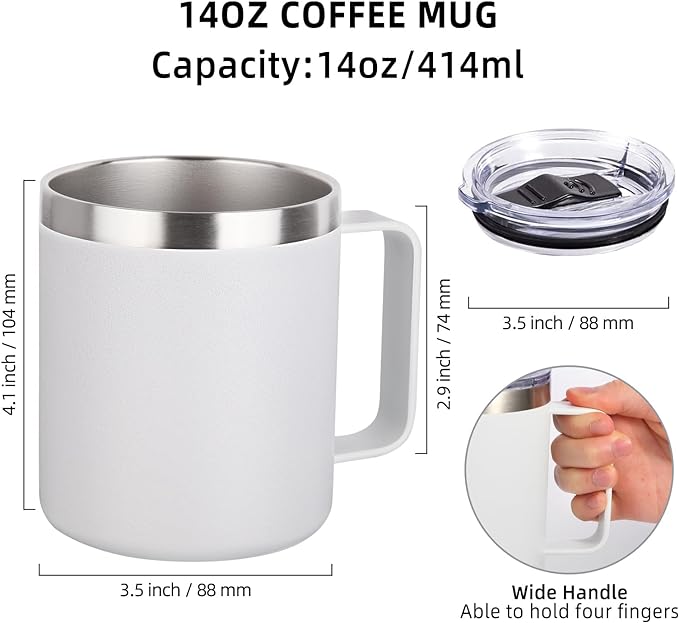 Volhoply 14oz Insulated Stainless Steel Coffee Mug with Lid Bulk 4 Pack,Not Suitable for Sublimation,Double Wall Vacuum Travel Coffee Cup with Handle, Reusable Metal Camping Mugs Keep Cold(White,4)