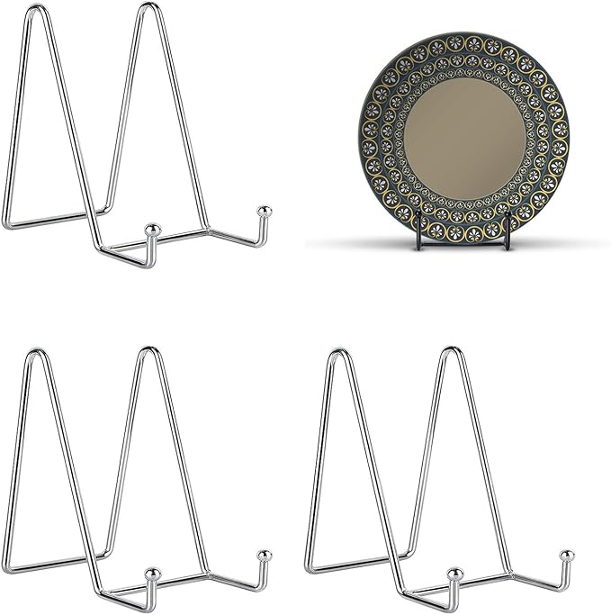 Kruodop 3 Pack 4 Inch Plate Stands for Display, Metal Frame Holder Stands for Book, Pictures, Photo Easel, Tabletop Art