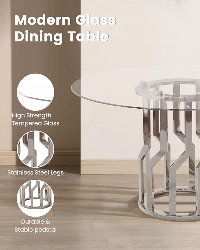 47.2" Round Glass Dining Table Set for 6, Modern 7 Piece Kitchen Table Set with Silver Stainless Steel Base & 6 PU Leather Accent Chairs, Saving Space, Dining Set for Apartment, Home - Grey Chair