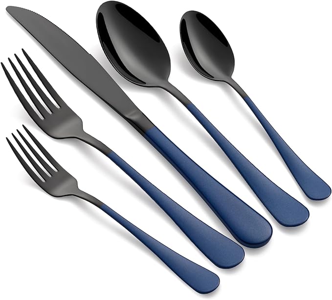20-Piece Black Silverware Set 18/0 Stainless Steel Flatware Sapphire Blue Handle Cutlery Set Service for 4 Dinner Knives Forks Spoons Set Mirror Finish Dishwasher Safe