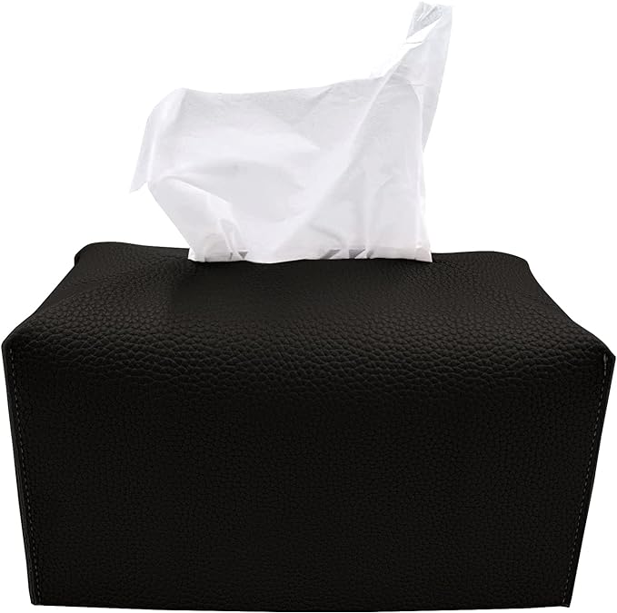 Carrotez Tissue Box Cover, [Refined] Modern PU Leather Rectangular Tissue Box Holder - Decorative Holder/Organizer for Bathroom Vanity Countertop, Night Stands, Office Desk 9.5"X5"X5" - Black