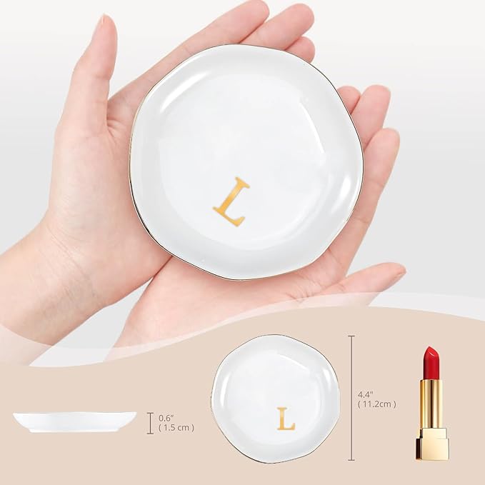 ProCase Ceramic Jewelry Tray, Initial Ring Dish Trinket Plate Engagement Gift, Small Personalized Monogram Ring Bowl for Wedding, White Decorative Jewelry Holder for Women Vanity -Letter L