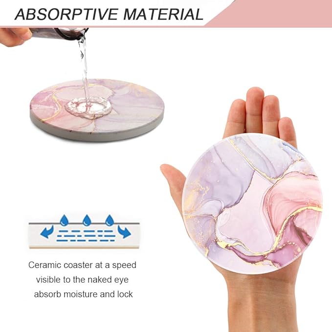 Lahome Marble Style Coasters - Round Drinks Absorbent Stone Coaster Set with Ceramic Stone and Cork Base for Kinds of Mugs and Cups (Lavender, 4)