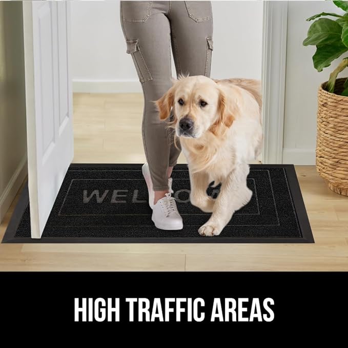 GORILLA GRIP 100% Waterproof All-Season WeatherMax Doormat 35x23, US Designed Natural Rubber, Stain and Fade Resistant, Low Profile Indoor Outdoor Door Mats, Easy Clean Patio Mat, Black Welcome