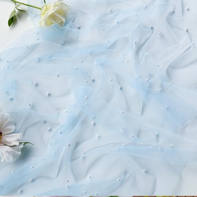 Artoid Mode 6PCS Pearl Blue Gauze Table Runner 120 Inch 10FT, Seasonal Sheer Dining Holiday Wedding Birthday Baby Shower Table Decor for Home Party
