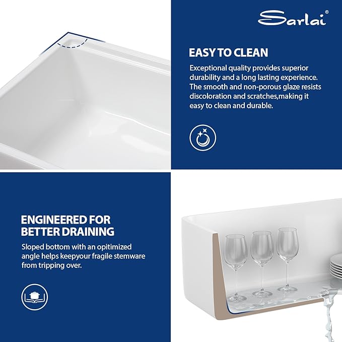 Sarlai 33 Inch Farmhouse Sink White Kitchen Sink Apron Front 33 x 20 Ledge Workstation Farm Fireclay Porcelain Ceramic Undermount Farmer Farm Kitchen Sinks Basin With Gold Drainer