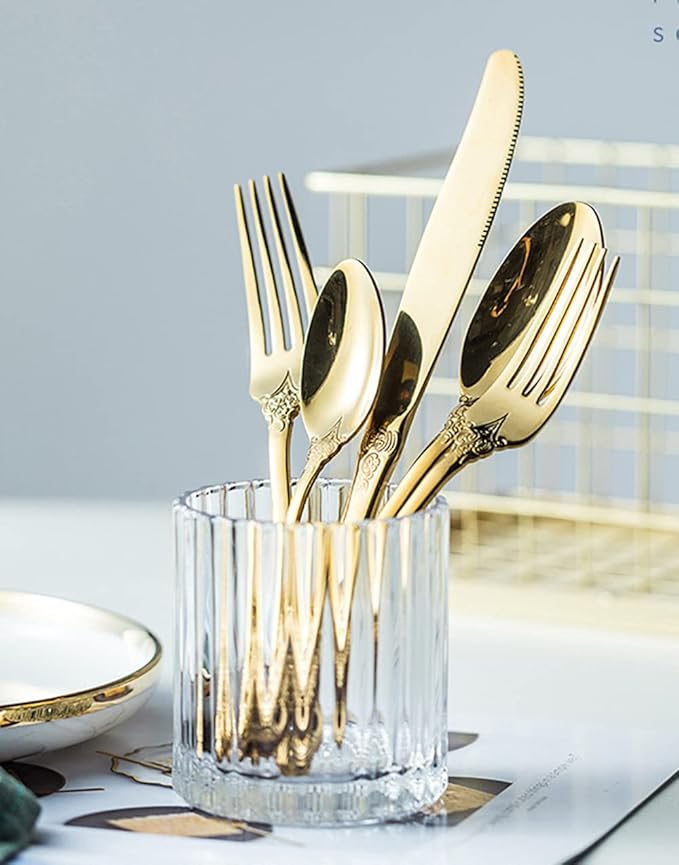 Gold Silverware Set for 8 Premium 18/10 Stainless Steel Flatware Set Palace Style 40 Piece Cutlery Tableware Utensils Embossed Decorative Handle Knives Forks and Spoons for Home Christmas Wedding