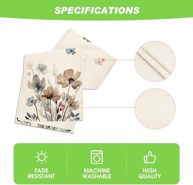 Artoid Mode Brown Poppy Floral Leaves Spring Table Runner, Seasonal Summer Kitchen Dining Table Decoration for Home Party Decor 13x72 Inch